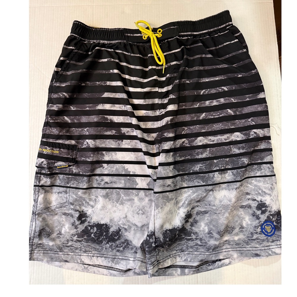 Banana Boat Mens Swim Trunks Black White Wave Stripe UPF 50+ Cargo Shorts XL